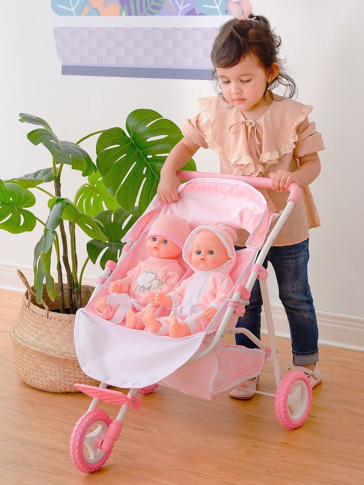 Teamson Home Pink Kids Dolls Double Twin Pram Pushchair with Storage - Image 6 of 6
