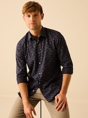 Navy Blue Origami Bird Printed Trimmed Shirt - Image 4 of 8