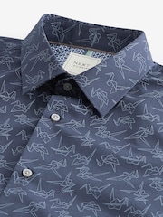 Navy Blue Origami Bird Printed Trimmed Shirt - Image 7 of 8