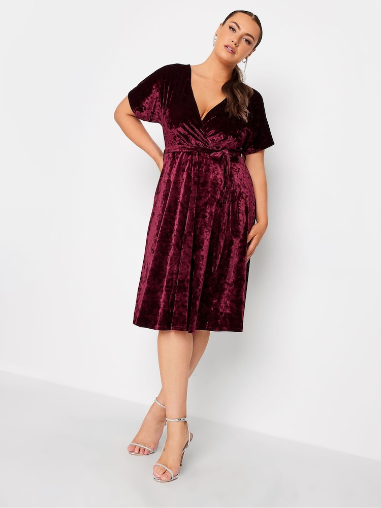 Yours Curve Red Velvet Wrap Skater Dress - Image 1 of 4
