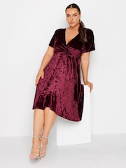 Yours Curve Red Velvet Wrap Skater Dress - Image 3 of 4