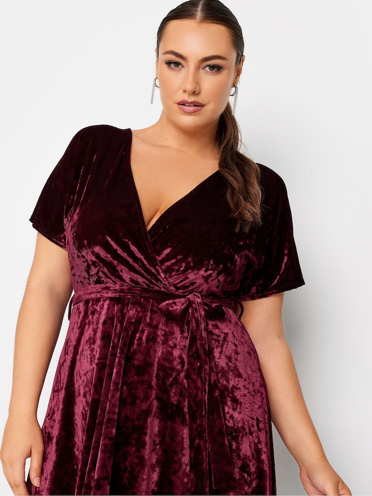 Yours Curve Red Velvet Wrap Skater Dress - Image 4 of 4