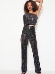 Black Sequin Wide Leg Trousers - Image 1 of 6