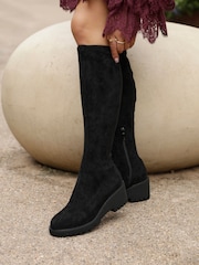 Linzi Black Kortina Brown Suede High Leg Boots With Wedged Heel - Image 1 of 5