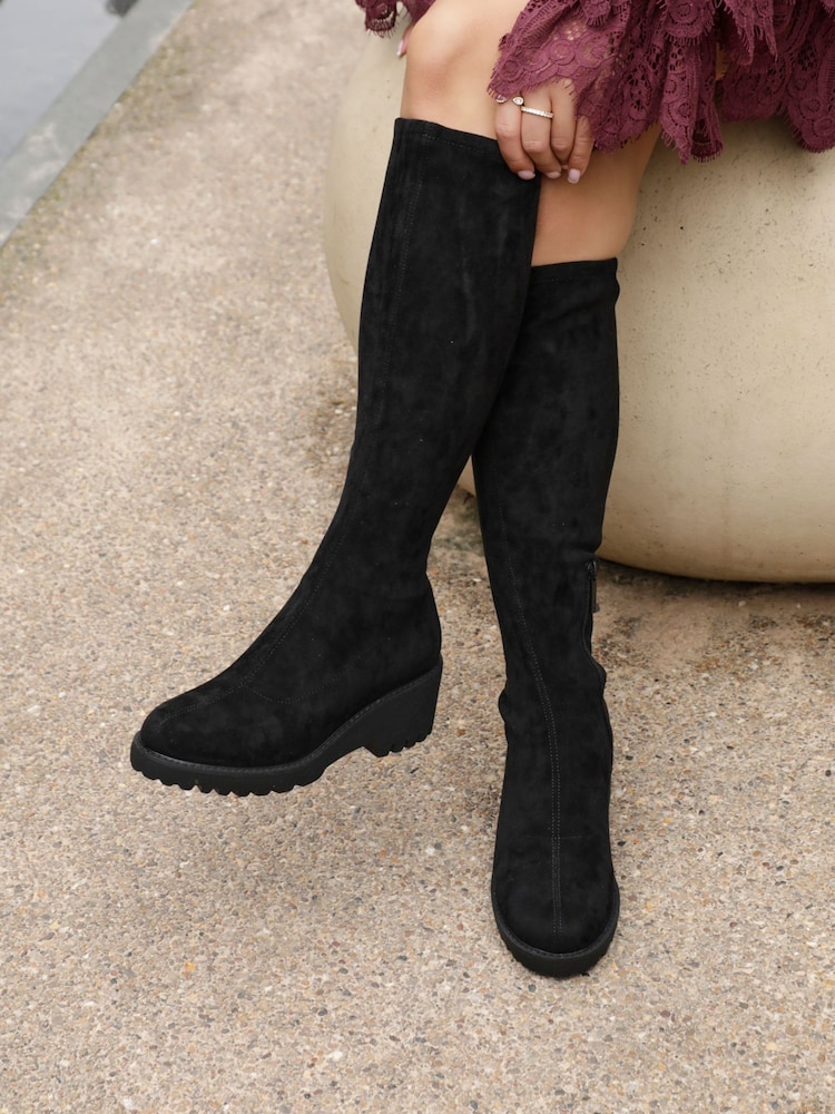 Linzi Black Kortina Brown Suede High Leg Boots With Wedged Heel - Image 2 of 5