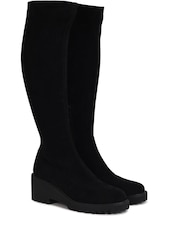 Linzi Black Kortina Brown Suede High Leg Boots With Wedged Heel - Image 5 of 5