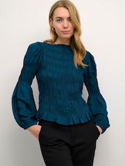 Cream Blue Henva Long Sleeve Smock Blouse - Image 1 of 5