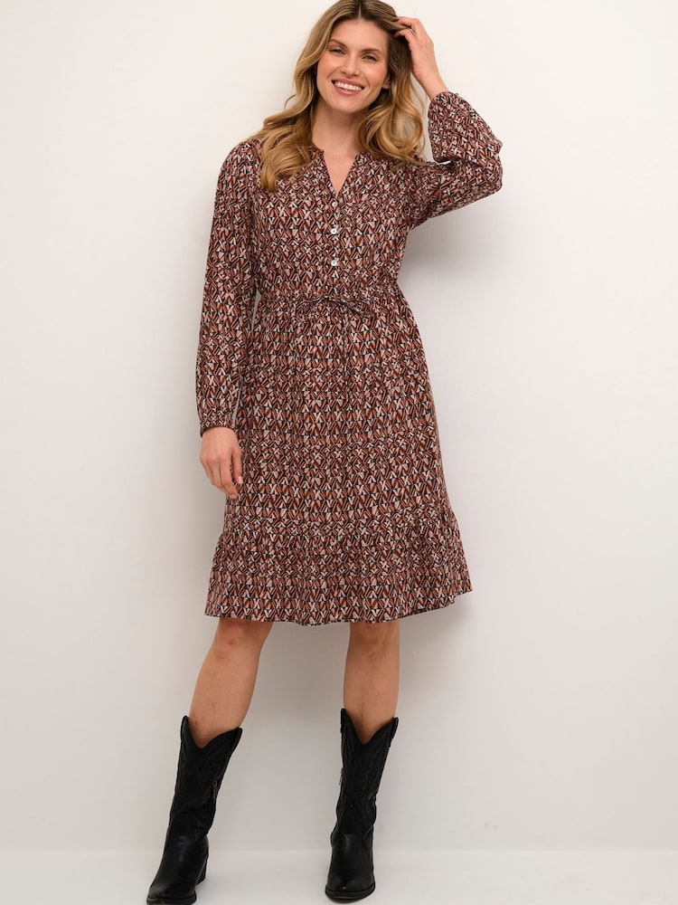 Cream Orange Tiah Knee Length Long Sleeve Dress - Image 1 of 5 Cream Orange Tiah Knee Length Long Sleeve Dress - Image 1 of 5