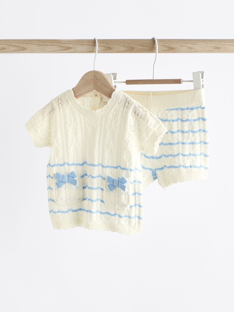 White/Blue Stripe Baby Knitted Top and Shorts Set (0mths-2yrs) - Image 1 of 11