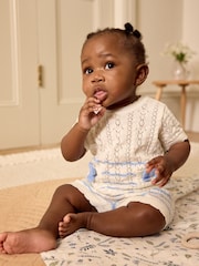 White/Blue Stripe Baby Knitted Top and Shorts Set (0mths-2yrs) - Image 2 of 11
