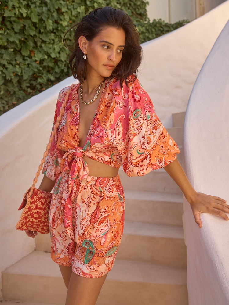 Orange/Pink Puff Sleeve Tie Cover Up Top - Image 1 of 6