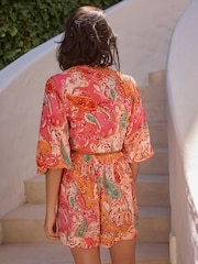 Orange/Pink Puff Sleeve Tie Cover Up Top - Image 3 of 6