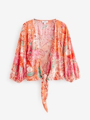 Orange/Pink Puff Sleeve Tie Cover Up Top - Image 5 of 6