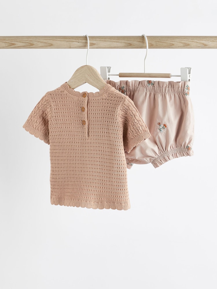 Buy Rust Brown/Pink Baby Knitted Top and Woven Shorts Set (0mths