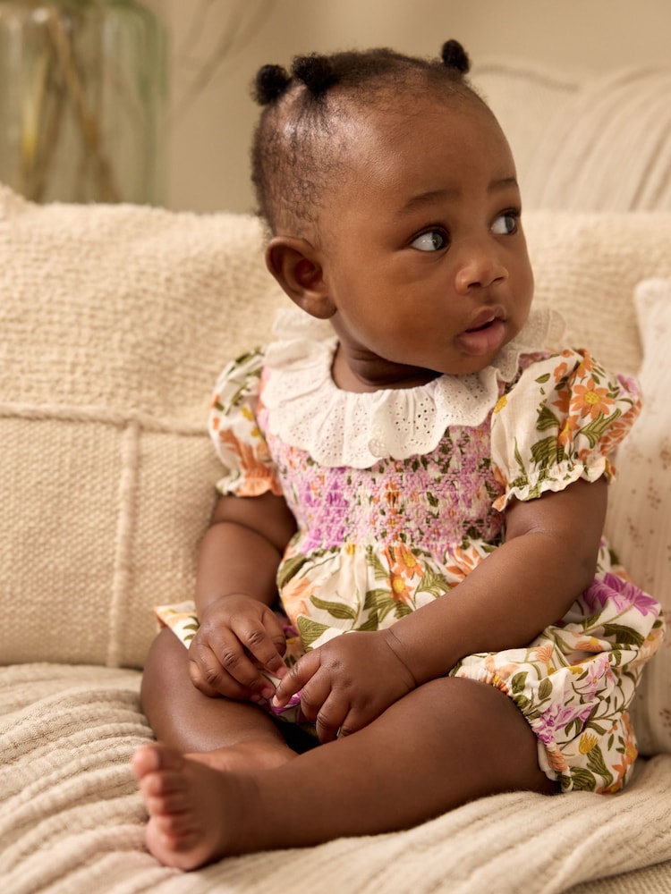 Orange/ Purple Floral Baby Collared Bloomer Romper (0mths-2yrs) - Image 1 of 8