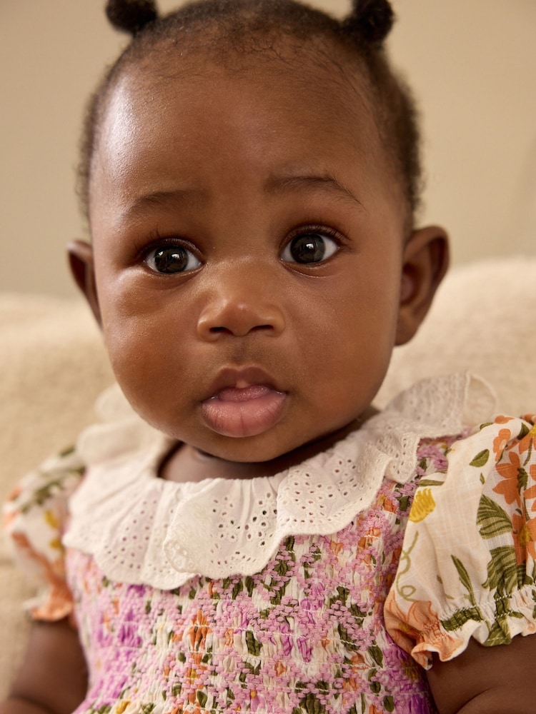 Orange/ Purple Floral Baby Collared Bloomer Romper (0mths-2yrs) - Image 2 of 8 Orange/ Purple Floral Baby Collared Bloomer Romper (0mths-2yrs) - Image 2 of 8