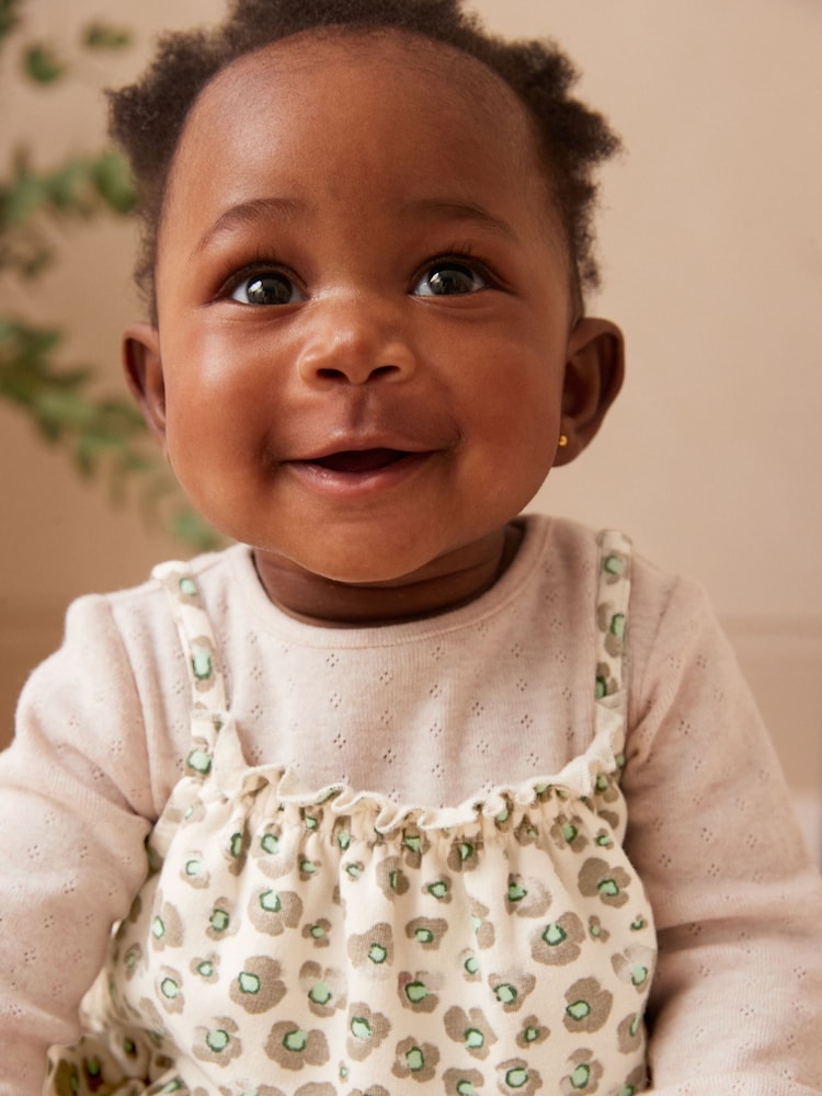 Tan Brown/Cream Leopard Print 100% Cotton Bodysuit & Baby Dungarees Set (0mths-3yrs) - Image 2 of 11