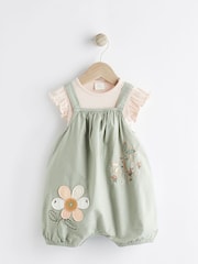 Grüne gestickte Blumen - Baby-Set aus kurzärmligem Oberteil und Latzhose (0–2 J.) - Bild 1 von 8