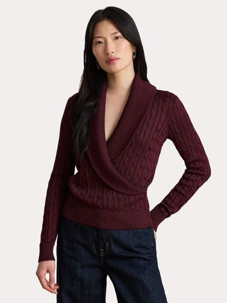 Lauren Ralph Lauren Red Fraine Cable Knit Shawl Neckline Wrap Sweater - Image 1 of 5