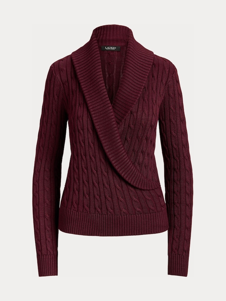 Lauren Ralph Lauren Red Fraine Cable Knit Shawl Neckline Wrap Sweater - Image 5 of 5
