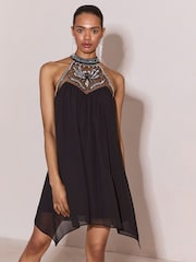 Lipsy Silver Embellished Halter Shift Mini Dress - Image 1 of 5