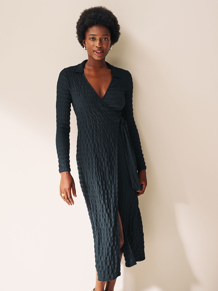 Petrol Blue Textured Long Sleeve Wrap Midi Dress - Image 1 of 6 Petrol Blue Textured Long Sleeve Wrap Midi Dress - Image 1 of 6
