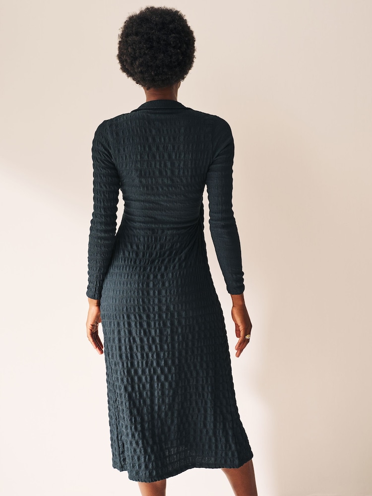 Petrol Blue Textured Long Sleeve Wrap Midi Dress - Image 2 of 6