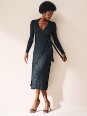Petrol Blue Textured Long Sleeve Wrap Midi Dress - Image 3 of 6