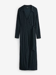 Petrol Blue Textured Long Sleeve Wrap Midi Dress - Image 5 of 6