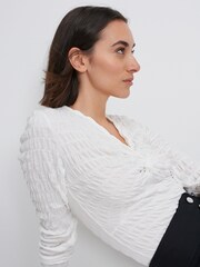 White Long Sleeve Twist Front Textured Top - Image 1 of 7