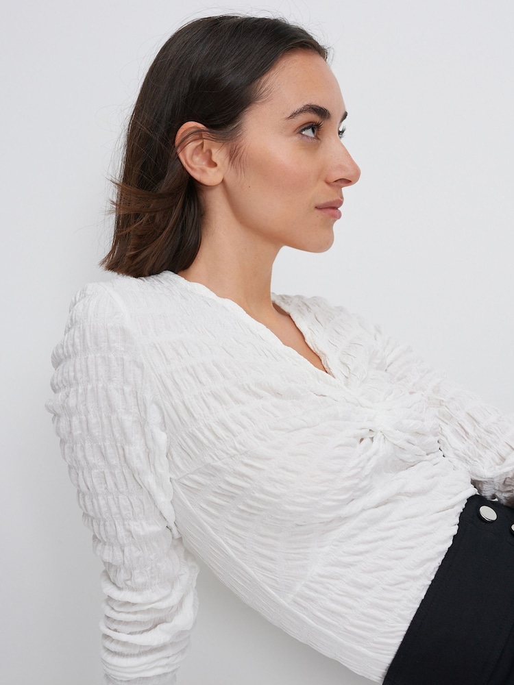 White Long Sleeve Twist Front Textured Top - Image 1 of 7