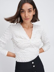 White Long Sleeve Twist Front Textured Top - Image 3 of 7