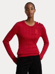 Lauren Ralph Lauren Red Montiva Button Cable Knit Cotton Jumper - Image 1 of 4