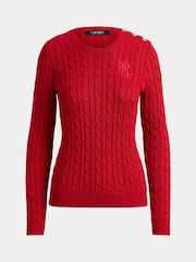 Lauren Ralph Lauren Red Montiva Button Cable Knit Cotton Jumper - Image 4 of 4