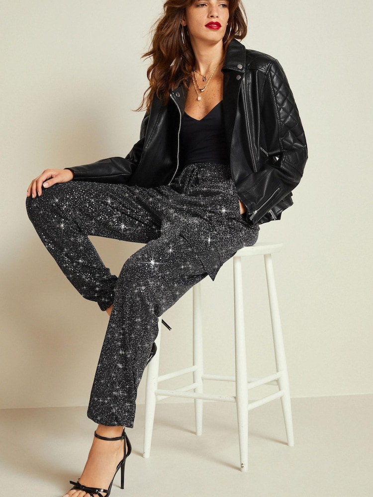 Black Sequin Cargo Trousers - Image 1 of 4