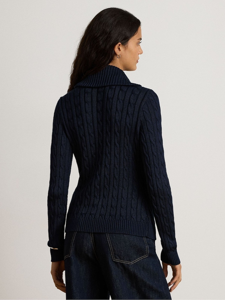 Lauren Ralph Lauren Blue Fraine Cable Knit Shawl Neckline Wrap Sweater - Image 2 of 7
