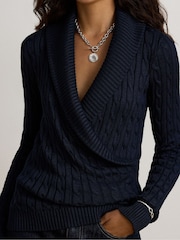 Lauren Ralph Lauren Blue Fraine Cable Knit Shawl Neckline Wrap Sweater - Image 4 of 7