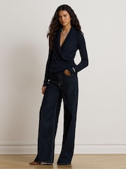 Lauren Ralph Lauren Blue Fraine Cable Knit Shawl Neckline Wrap Sweater - Image 5 of 7