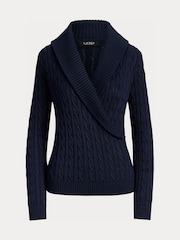 Lauren Ralph Lauren Blue Fraine Cable Knit Shawl Neckline Wrap Sweater - Image 7 of 7