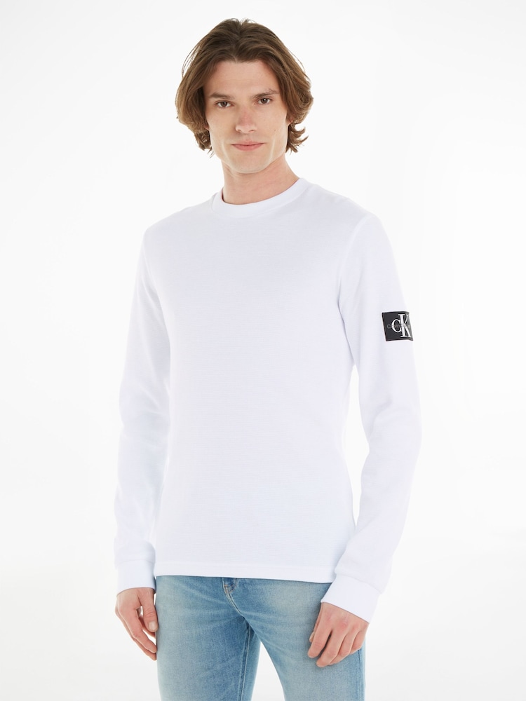 Calvin Klein Jeans Monogram Badge Waffle 100% Cotton Long Sleeve White T-Shirt - Image 1 of 6