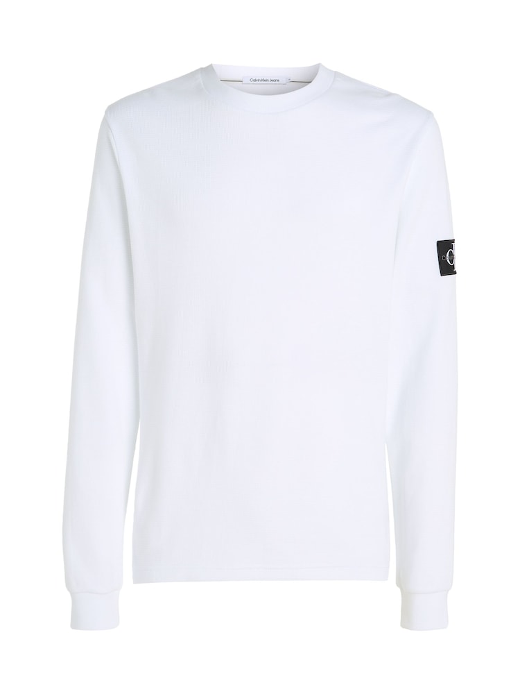 Calvin Klein Jeans Monogram Badge Waffle 100% Cotton Long Sleeve White T-Shirt - Image 4 of 6