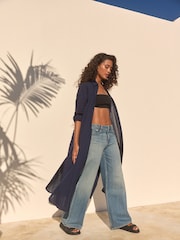 Navy 100% Cotton Maxi Beach Shirt Cover-Up - Image 1 of 7