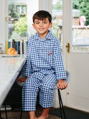 Trotters London Denim Blue Gingham Henry Car Cotton Pyjamas - Image 1 of 1