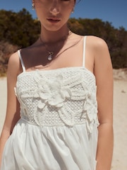 White Crochet Mix Mini Summer Dress - Image 2 of 10