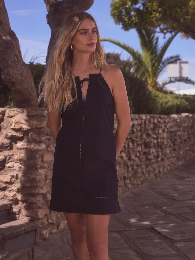Black 100% Cotton Embroidered Mini Summer Dress - Image 1 of 6