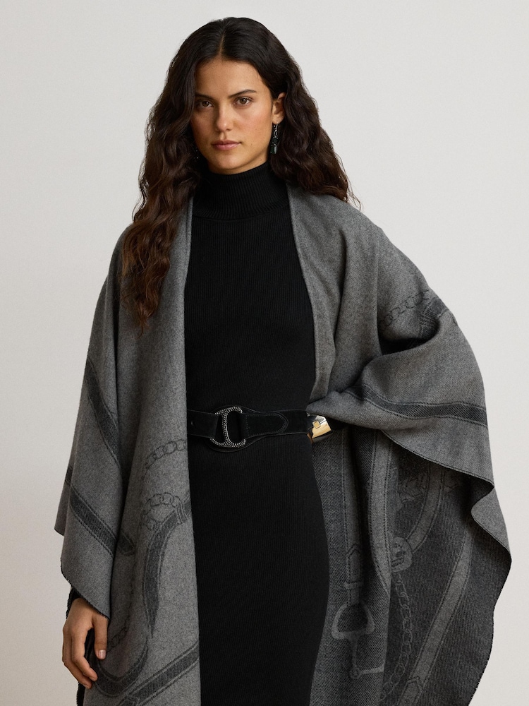 Lauren Ralph Lauren Grey Equestrian Print Fringed Poncho - Image 1 of 5