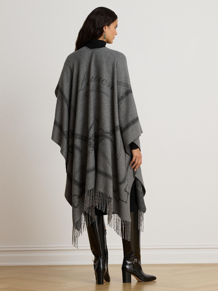 Lauren Ralph Lauren Grey Equestrian Print Fringed Poncho - Image 2 of 5