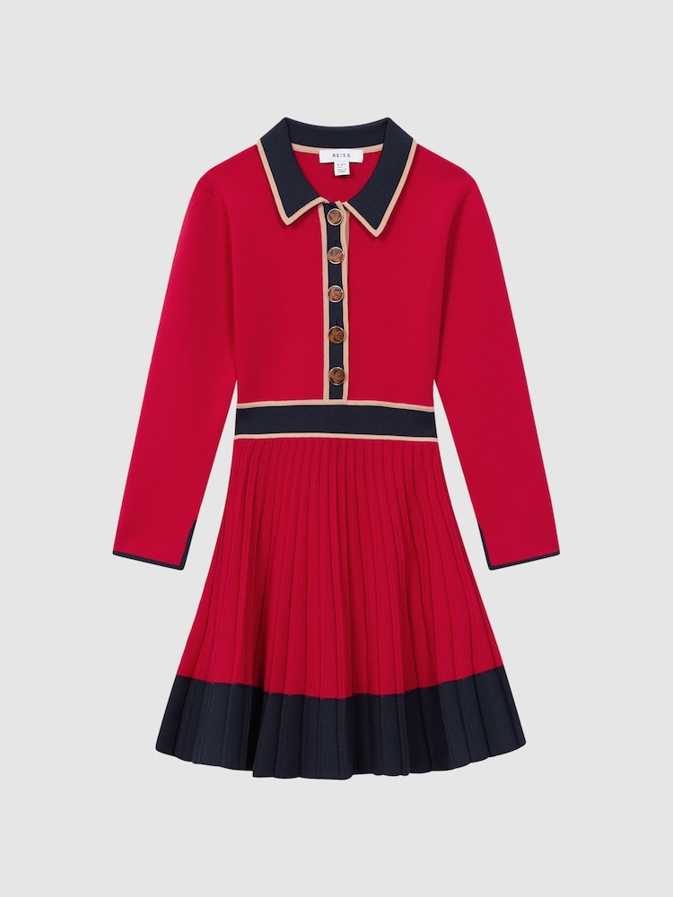 Reiss Red Mia Senior Knitted Polo Skater Dress - Image 2 of 7