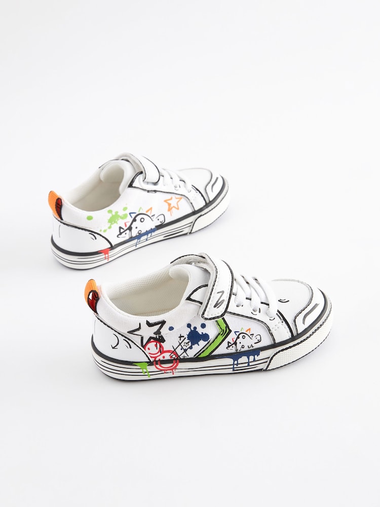 White Doodle Graffiti Standard Fit (F) Touch Fastening Chevron Trainers - Image 1 of 6