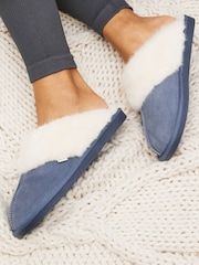 Denim Blue Suede Faux Fur Lined Mule Slippers - Image 1 of 7